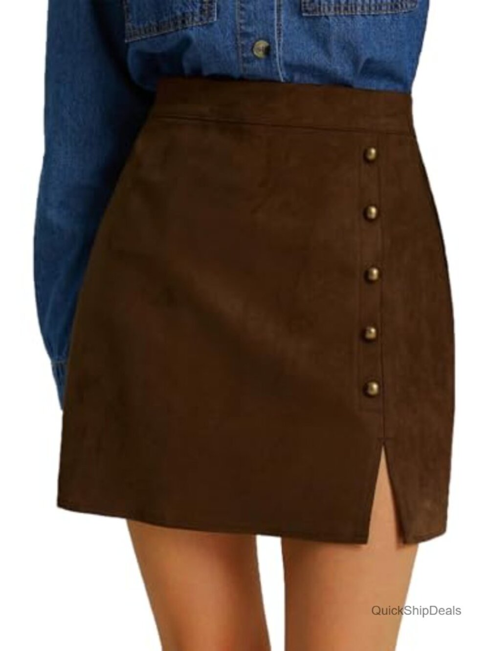 Faux Suede Side Split Bodycon Mini Skirt Button Detail